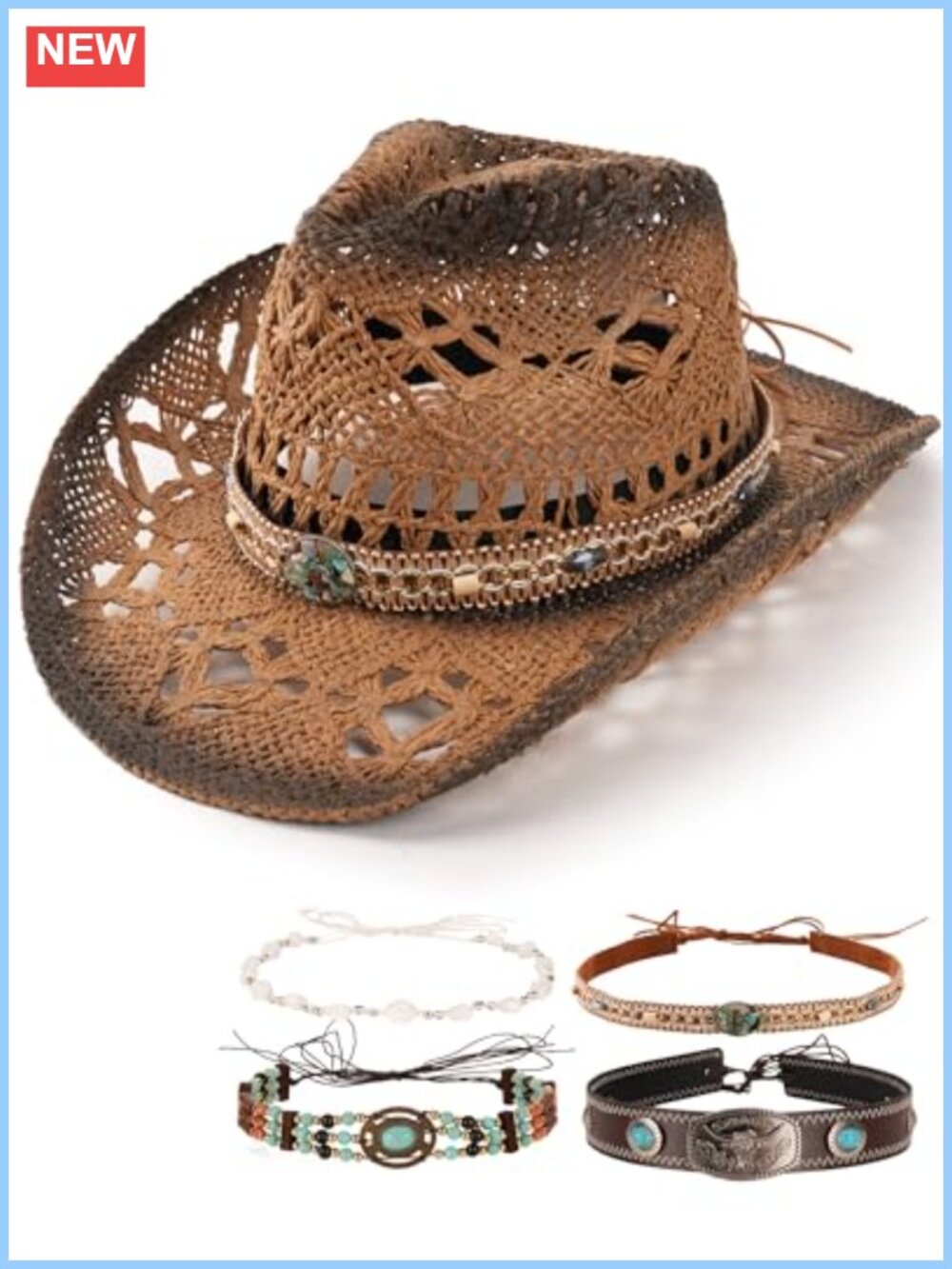 Paper Straw Cowboy Hat Adjustable 3.5" Brim w 4 Bands Chin Strap